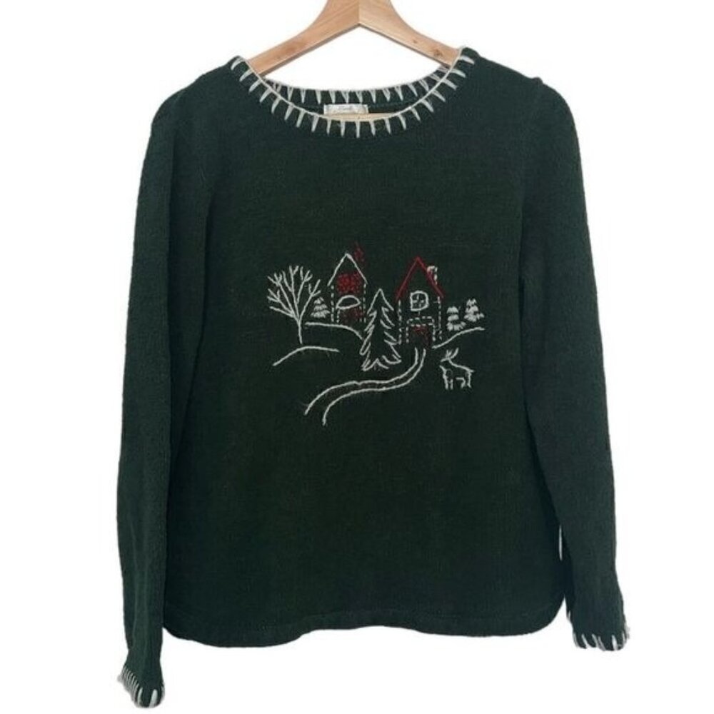 Christopher & Banks Hunter Green Hand Embroidered Winter Theme Pullover Size  XL